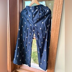 Navy Blue Silky Gold Flower Embroidered Palazzo Pants